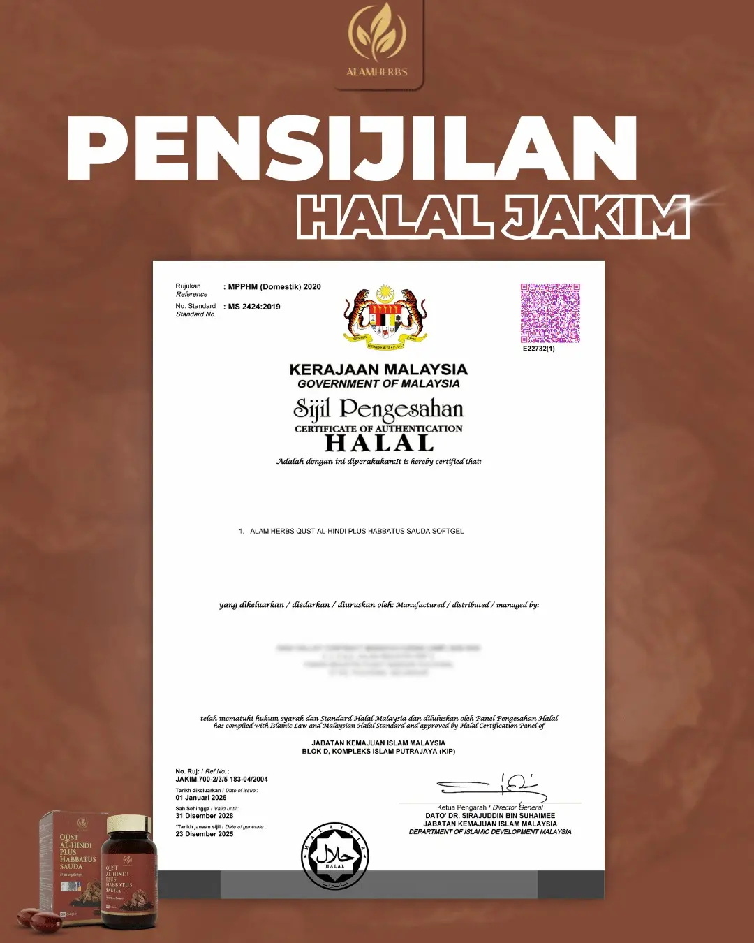 Sijil Pengesahan Halal JAKIM untuk Alam Herbs Qust Al-Hindi Plus Habbatus Sauda Softgel