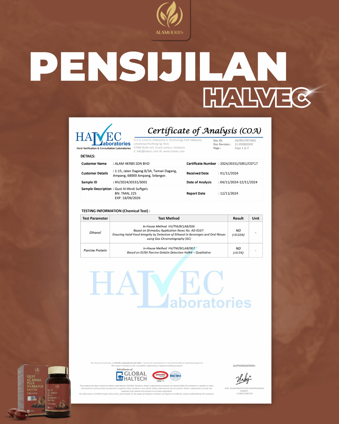 Certificate of Analysis HALVEC bagi ujian DNA porcine