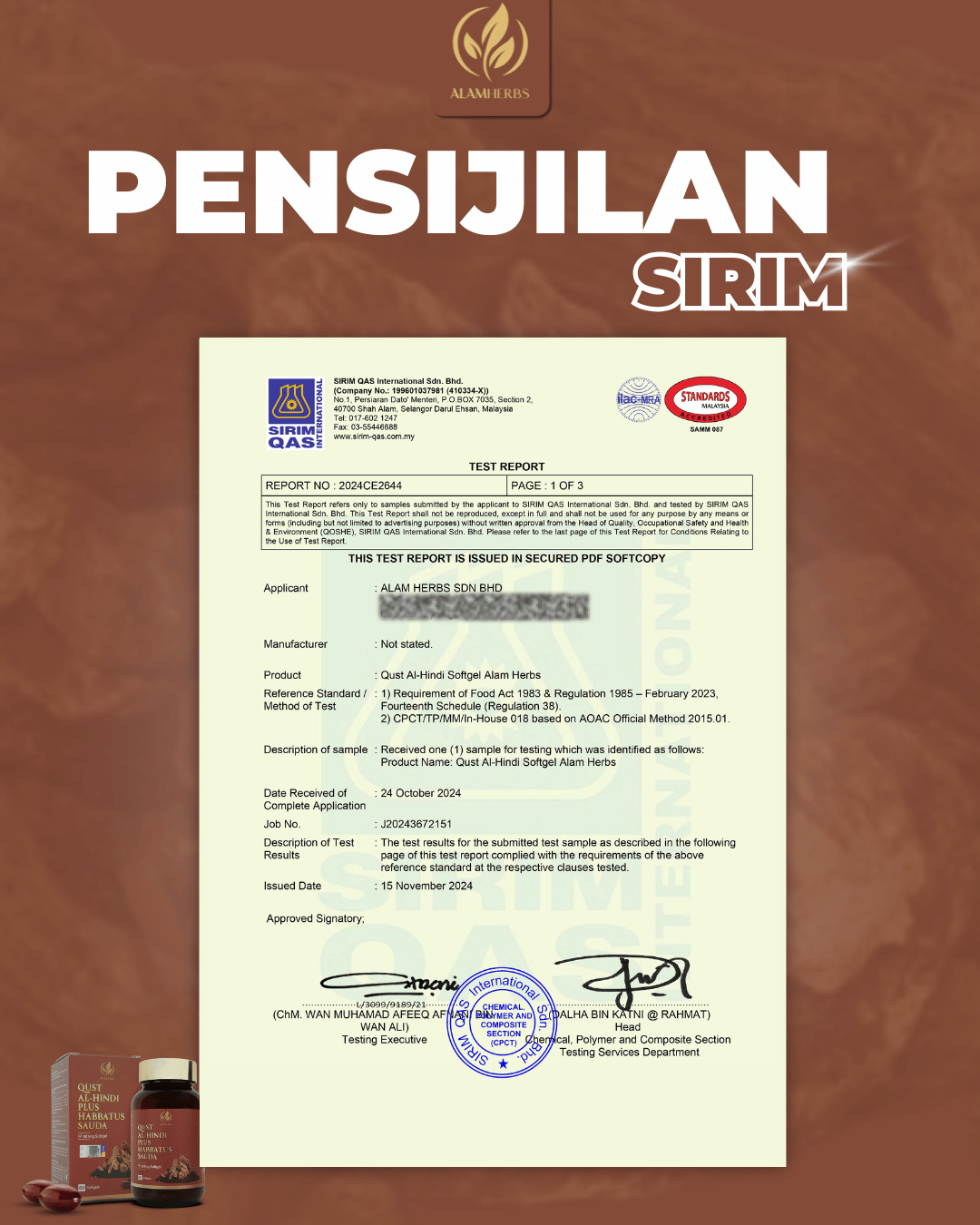 Laporan ujian sampel oleh SIRIM QAS